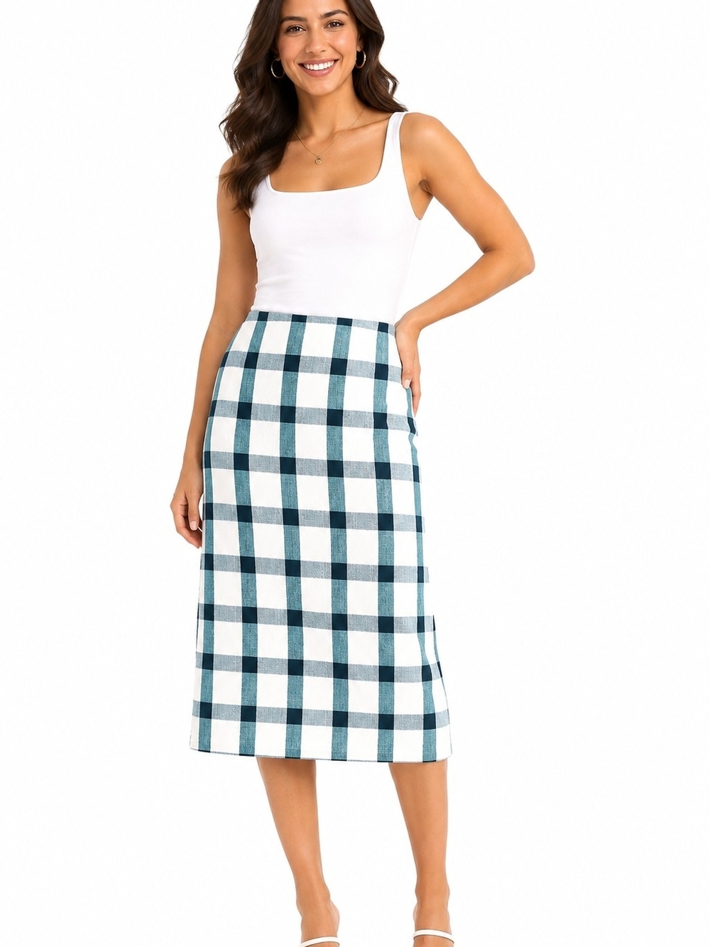 Zara White and Teal Checked Midi Skirt Women's Size XS